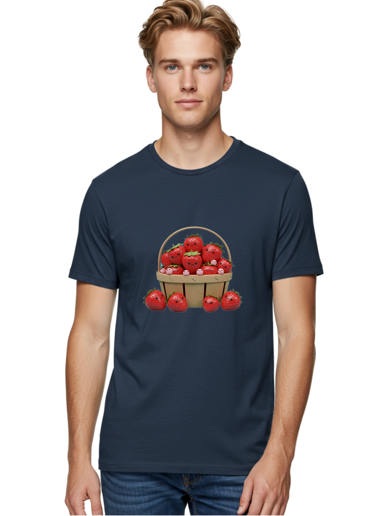 Basket-Of-Strawberries Men'S Graphic Tee, 100% Cotton, Comfortable Casual Summer Wear, Machine Washable, Strawberries With Smiley Faces, Basket Full Of Strawberries, Cartoon Strawberries, Adorable Fruit, Smiling Strawberries, Healthy Snack, Bab664