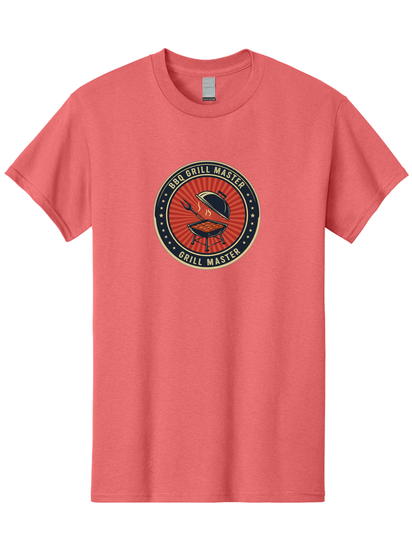 Bbq-Grill-Master-1 Men'S Graphic Tee, 100% Cotton, Comfortable Casual Summer Wear, Machine Washable, Barbecue Grill With Lid Open, Meat Cooking On Grill, Bbq Utensils, Sunburst Design, Stars Surrounding Logo, Grill Master Logo, Barbecue Theme, Bab670