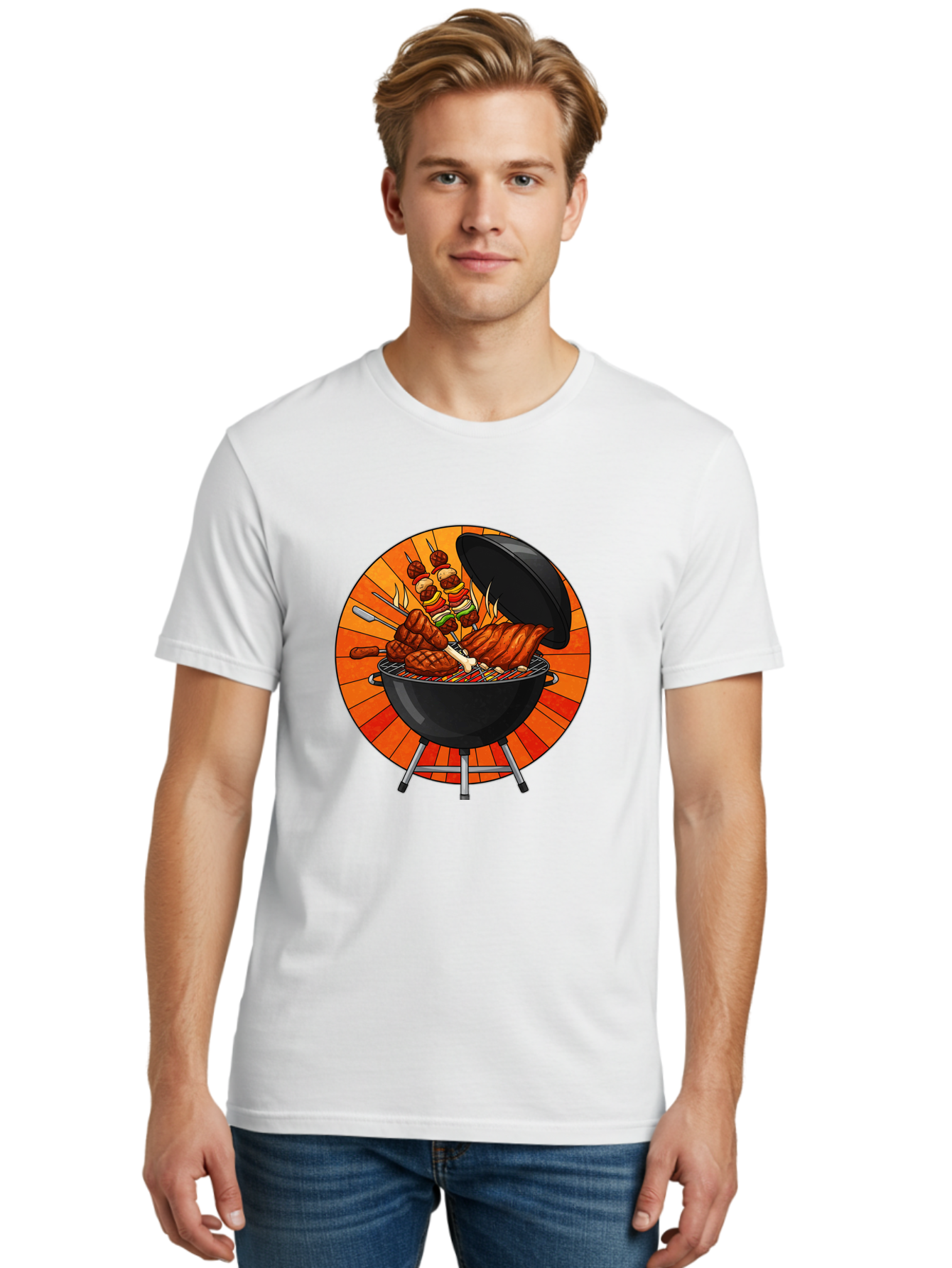 Bbq-Grill Men'S Graphic Tee, 100% Cotton, Comfortable Casual Summer Wear, Machine Washable, Barbecue Grill, Grilled Meat, Skewers, Outdoor Cooking, Summer Food, Barbecue Party, Delicious Food, Grilled Chicken, Barbecue Sauce Bab673