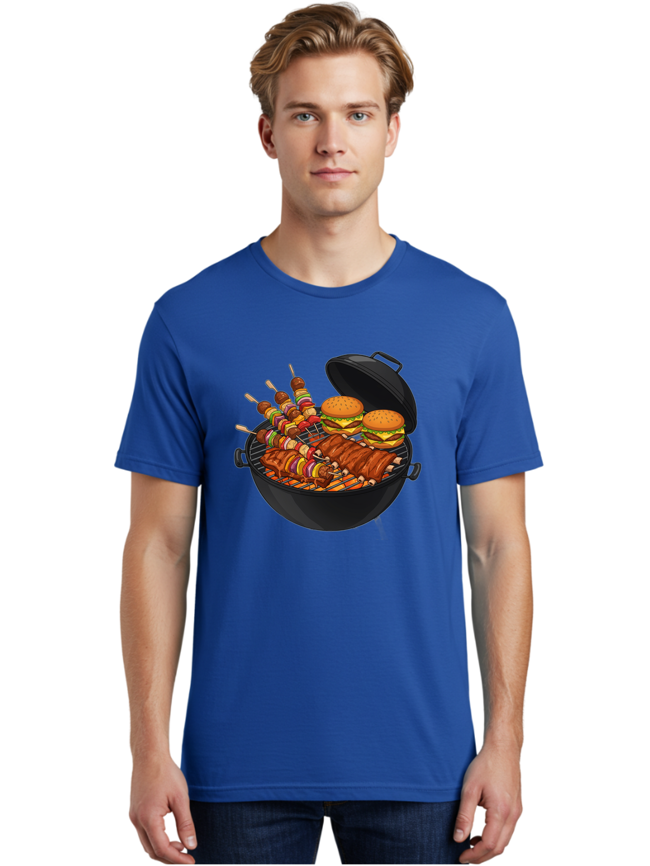 Bbq-Grilling Men'S Graphic Tee, 100% Cotton, Comfortable Casual Summer Wear, Machine Washable, Barbecue Grill, Grilled Food, Skewers, Hamburgers, Barbecue Ribs, Summer Cooking, Outdoor Dining, Grilled Cuisine, Barbecue Party, Savory Delights Bab674
