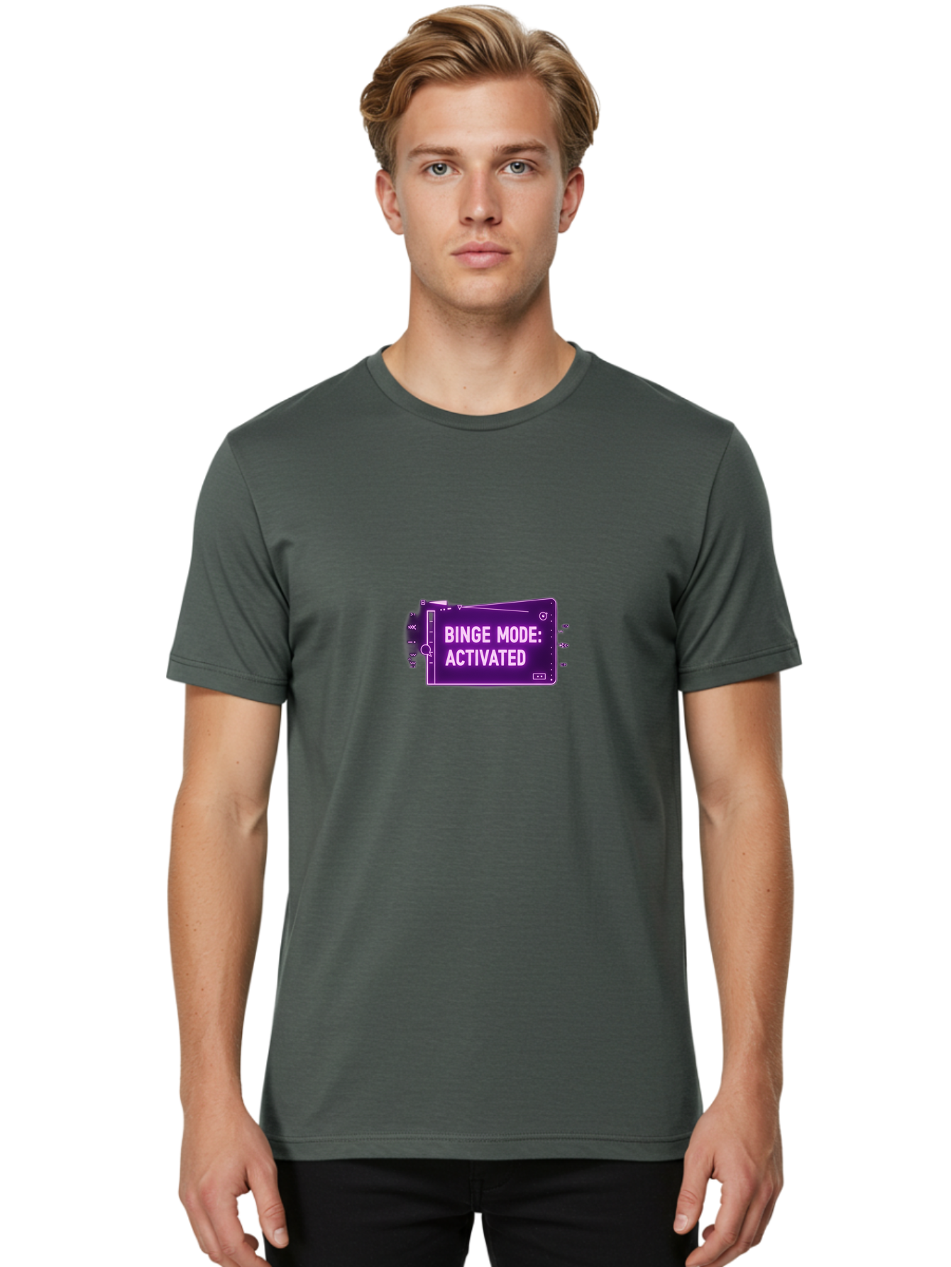 Binge-Mode-Activated-2 Men'S Graphic Tee, 100% Cotton, Comfortable Casual Summer Wear, Machine Washable, Binge Watching, Tv Show Obsession, Streaming Service, Entertainment, Media Consumption, Purple Screen, Electronic Device, Bab680