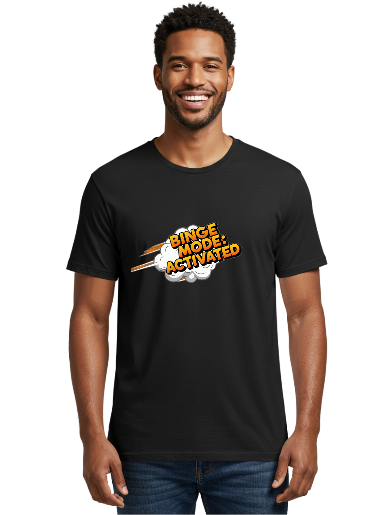 Binge-Mode-Activated-3 Men'S Graphic Tee, 100% Cotton, Comfortable Casual Summer Wear, Machine Washable, Binge Mode: Activated, Comic Book Style, Cartoon Text, Orange Font, Dynamic Motion, White Cloud, Humorous Phrase, Entertainment Mode, Bab681