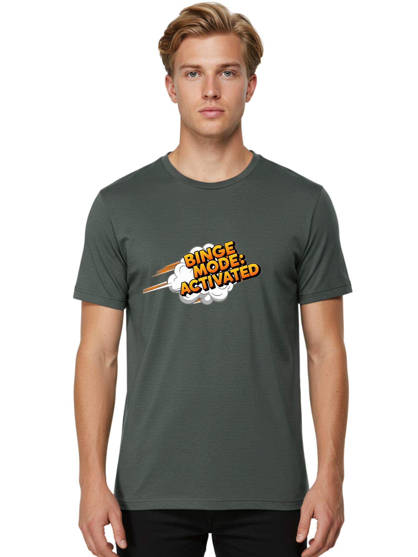 Binge-Mode-Activated-3 Men'S Graphic Tee, 100% Cotton, Comfortable Casual Summer Wear, Machine Washable, Binge Mode: Activated, Comic Book Style, Cartoon Text, Orange Font, Dynamic Motion, White Cloud, Humorous Phrase, Entertainment Mode, Bab681