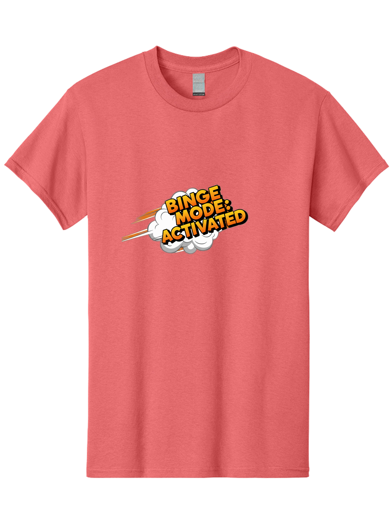 Binge-Mode-Activated-3 Men'S Graphic Tee, 100% Cotton, Comfortable Casual Summer Wear, Machine Washable, Binge Mode: Activated, Comic Book Style, Cartoon Text, Orange Font, Dynamic Motion, White Cloud, Humorous Phrase, Entertainment Mode, Bab681