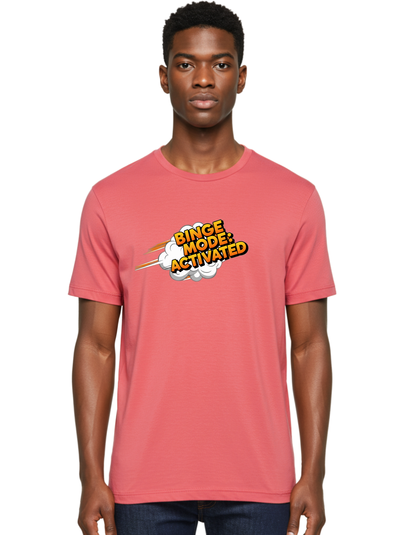 Binge-Mode-Activated-3 Men'S Graphic Tee, 100% Cotton, Comfortable Casual Summer Wear, Machine Washable, Binge Mode: Activated, Comic Book Style, Cartoon Text, Orange Font, Dynamic Motion, White Cloud, Humorous Phrase, Entertainment Mode, Bab681