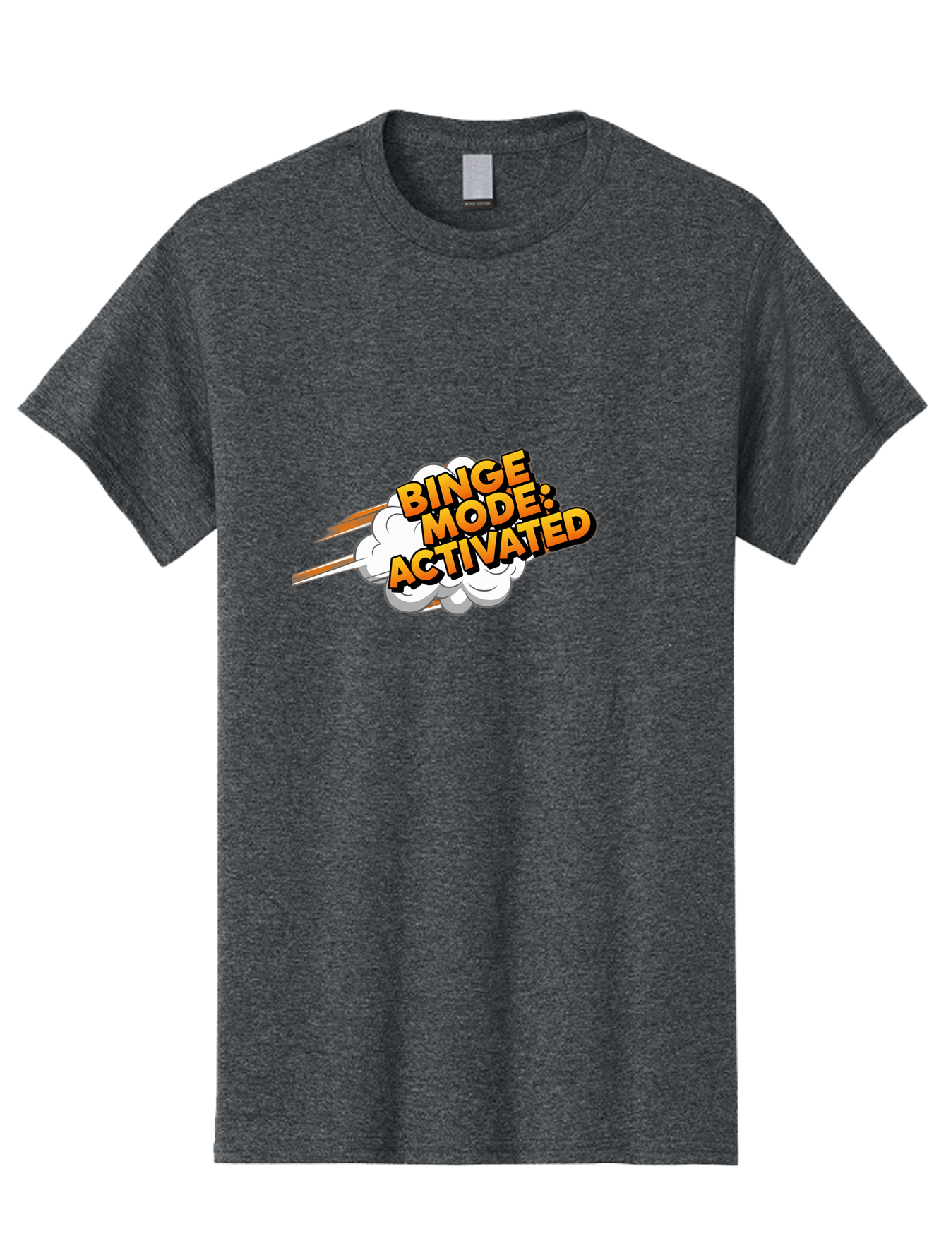 Binge-Mode-Activated-3 Men'S Graphic Tee, 100% Cotton, Comfortable Casual Summer Wear, Machine Washable, Binge Mode: Activated, Comic Book Style, Cartoon Text, Orange Font, Dynamic Motion, White Cloud, Humorous Phrase, Entertainment Mode, Bab681