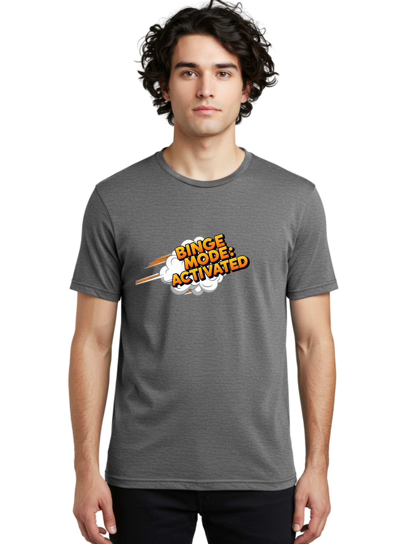 Binge-Mode-Activated-3 Men'S Graphic Tee, 100% Cotton, Comfortable Casual Summer Wear, Machine Washable, Binge Mode: Activated, Comic Book Style, Cartoon Text, Orange Font, Dynamic Motion, White Cloud, Humorous Phrase, Entertainment Mode, Bab681