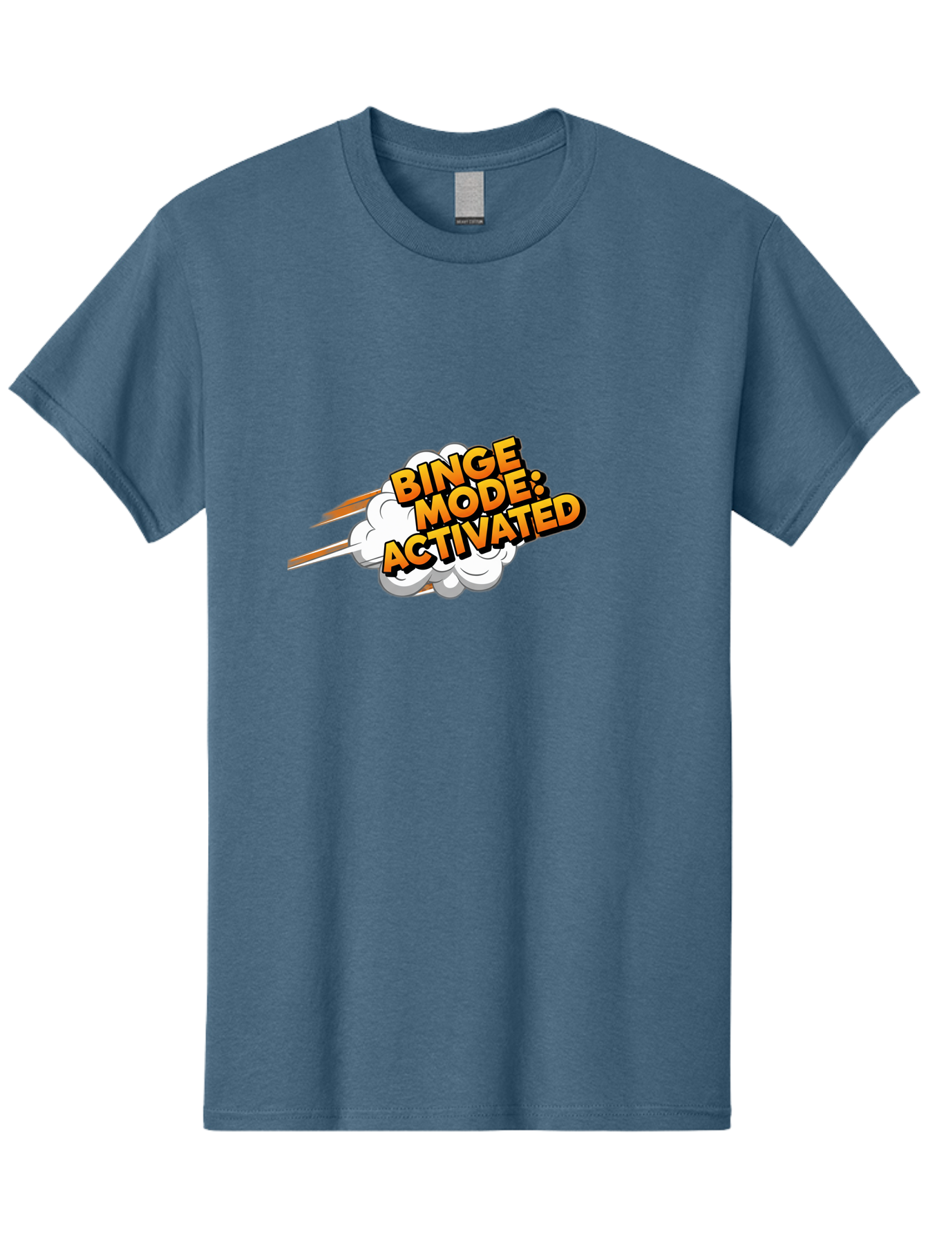 Binge-Mode-Activated-3 Men'S Graphic Tee, 100% Cotton, Comfortable Casual Summer Wear, Machine Washable, Binge Mode: Activated, Comic Book Style, Cartoon Text, Orange Font, Dynamic Motion, White Cloud, Humorous Phrase, Entertainment Mode, Bab681