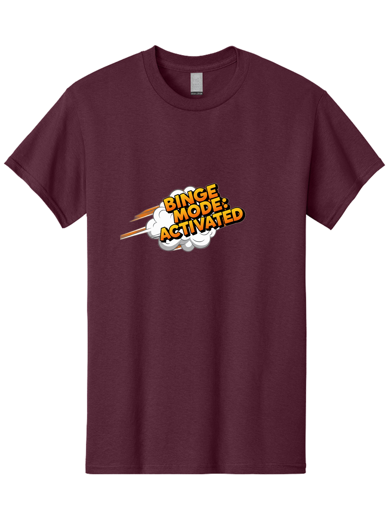 Binge-Mode-Activated-3 Men'S Graphic Tee, 100% Cotton, Comfortable Casual Summer Wear, Machine Washable, Binge Mode: Activated, Comic Book Style, Cartoon Text, Orange Font, Dynamic Motion, White Cloud, Humorous Phrase, Entertainment Mode, Bab681