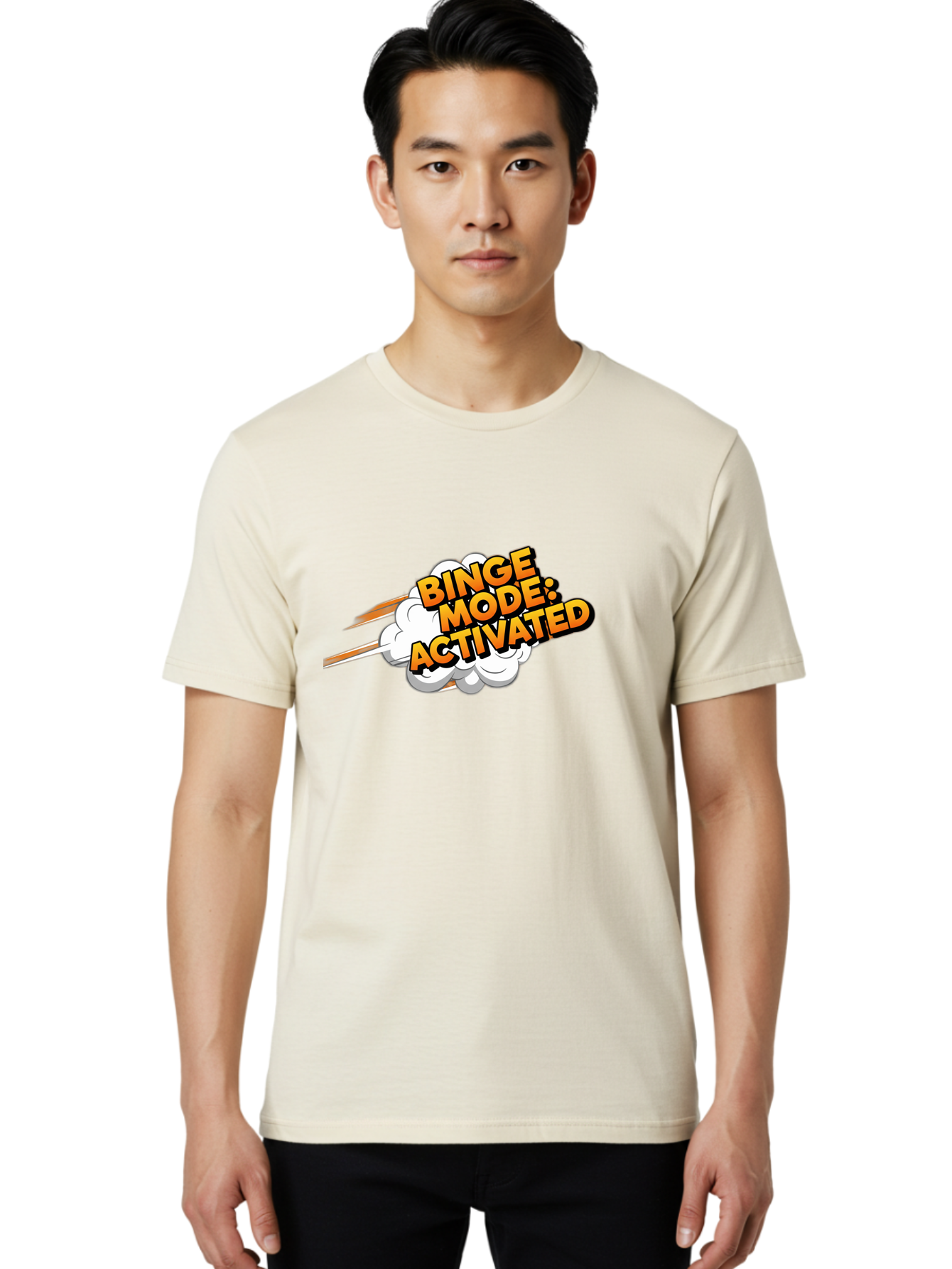Binge-Mode-Activated-3 Men'S Graphic Tee, 100% Cotton, Comfortable Casual Summer Wear, Machine Washable, Binge Mode: Activated, Comic Book Style, Cartoon Text, Orange Font, Dynamic Motion, White Cloud, Humorous Phrase, Entertainment Mode, Bab681