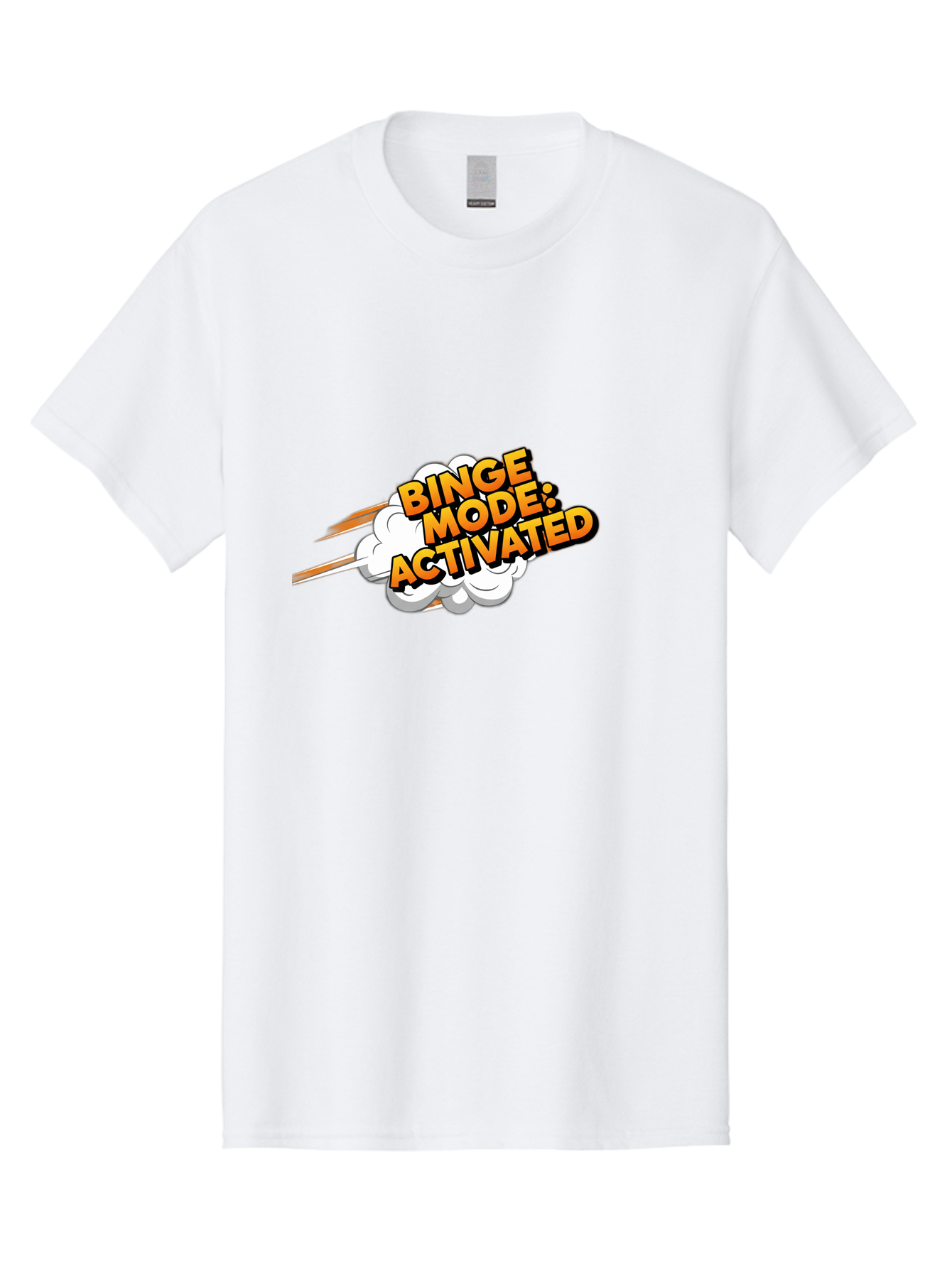 Binge-Mode-Activated-3 Men'S Graphic Tee, 100% Cotton, Comfortable Casual Summer Wear, Machine Washable, Binge Mode: Activated, Comic Book Style, Cartoon Text, Orange Font, Dynamic Motion, White Cloud, Humorous Phrase, Entertainment Mode, Bab681