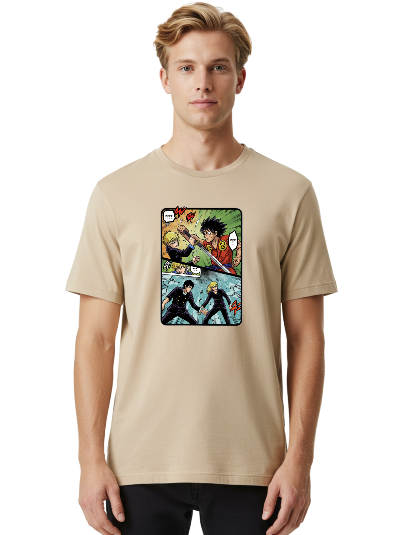 Black-And-Blonde-Anime-Boys-Fighting Men'S Graphic Tee, 100% Cotton, Comfortable Casual Summer Wear, Machine Washable, Anime Comic Strip, Action Scene, Asta And Licht Fight, Dramatic Poses, Dynamic Movement, Intense Battle, Manga Style, Bab683