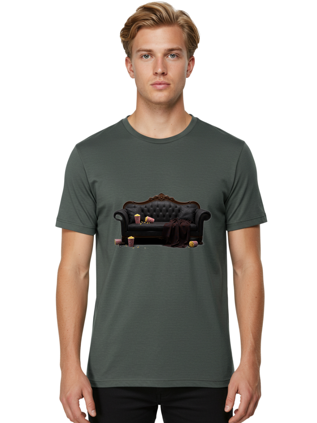 Black-Leather-Couch Men'S Graphic Tee, 100% Cotton, Comfortable Casual Summer Wear, Machine Washable, Black Leather Sofa, Tufted Design, Chocolate Brown Trim, Scattered Popcorn, Striped Popcorn Buckets, Cozy Living Room, Luxurious Furniture, Bab684