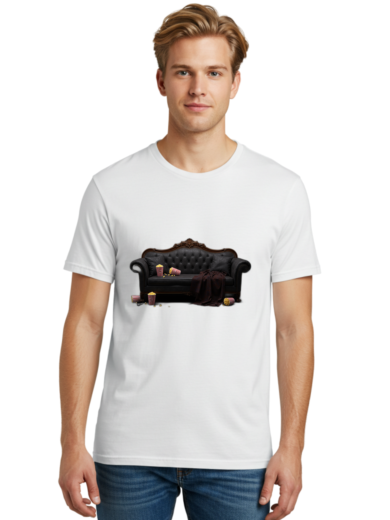 Black-Leather-Couch Men'S Graphic Tee, 100% Cotton, Comfortable Casual Summer Wear, Machine Washable, Black Leather Sofa, Tufted Design, Chocolate Brown Trim, Scattered Popcorn, Striped Popcorn Buckets, Cozy Living Room, Luxurious Furniture, Bab684