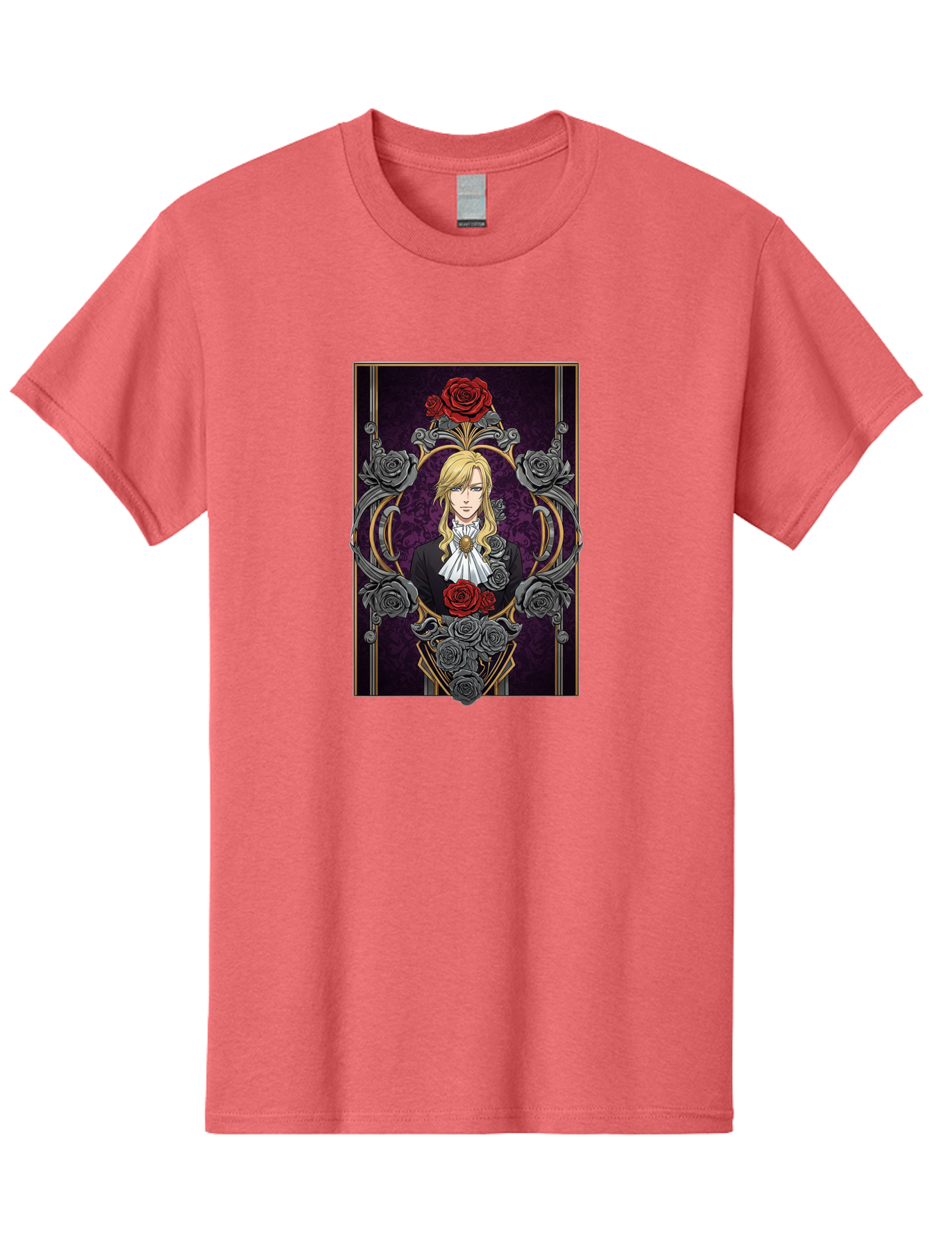 Blonde-Man-With-Roses Men'S Graphic Tee, 100% Cotton, Comfortable Casual Summer Wear, Machine Washable, Anime Character Art, Blond Man In Black Suit, White Ruffled Collar, Red And Gray Roses, Gothic Frame, Elegant Design, Intricate Details, Bab686