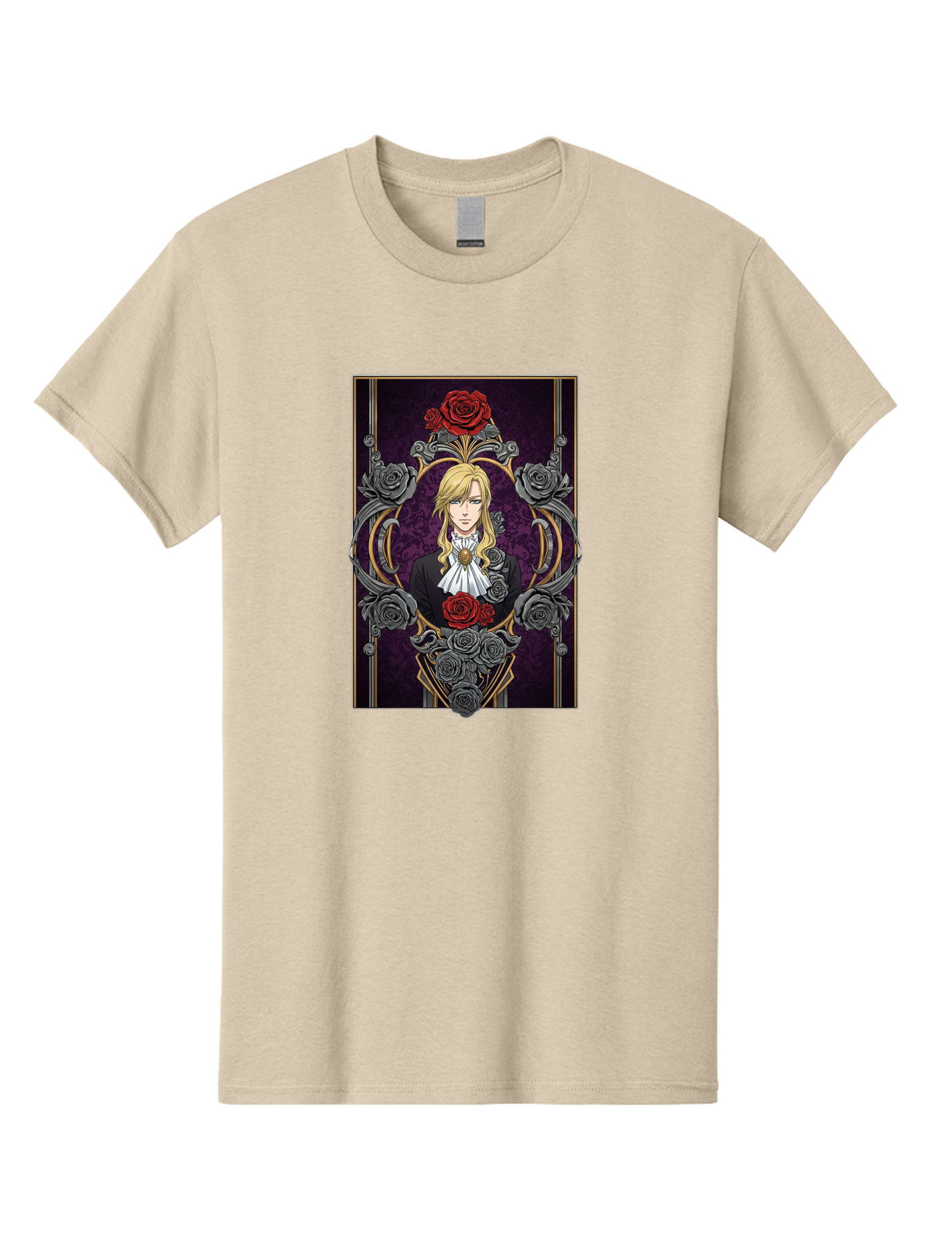 Blonde-Man-With-Roses Men'S Graphic Tee, 100% Cotton, Comfortable Casual Summer Wear, Machine Washable, Anime Character Art, Blond Man In Black Suit, White Ruffled Collar, Red And Gray Roses, Gothic Frame, Elegant Design, Intricate Details, Bab686