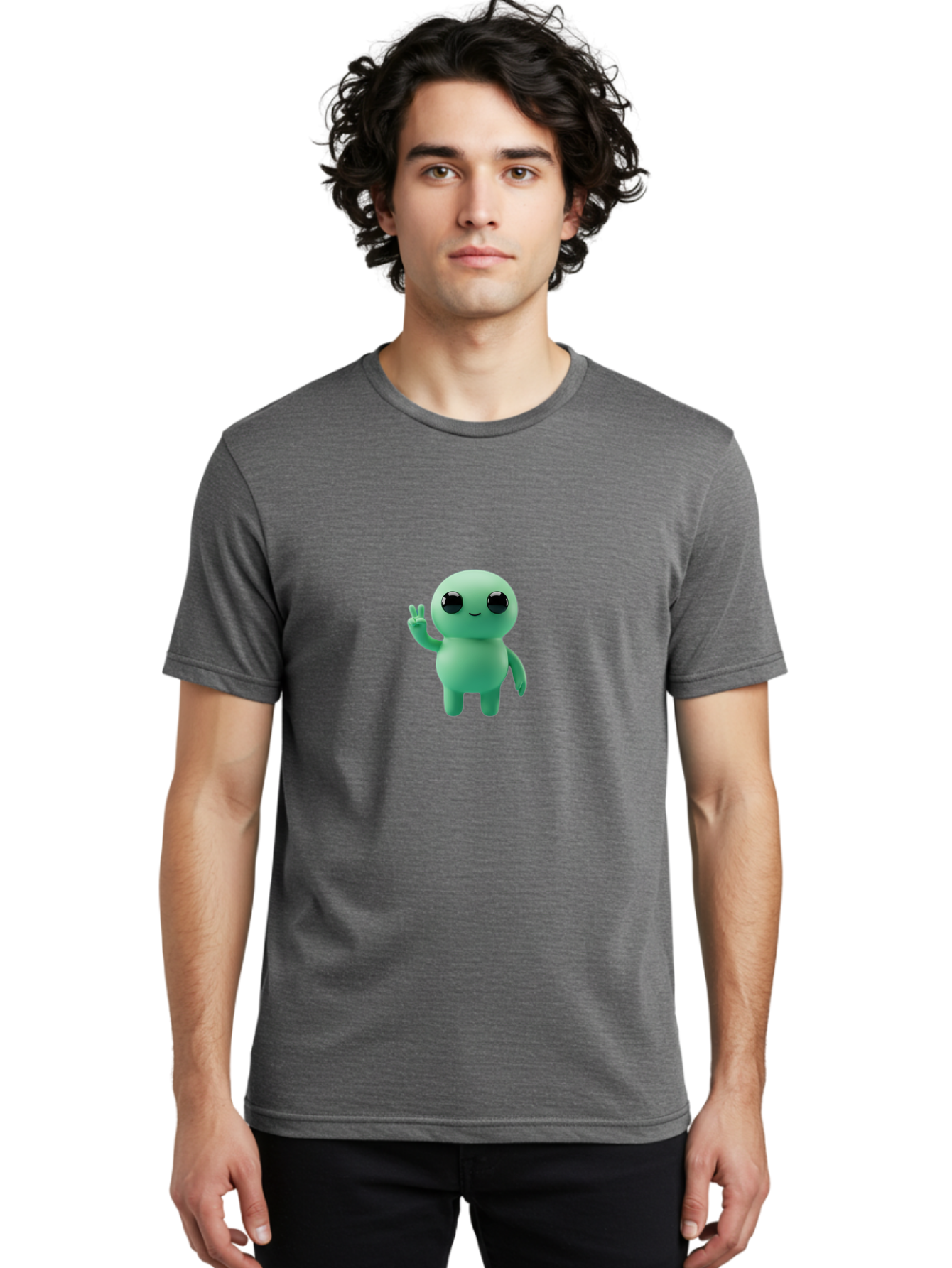Blue-Character Men'S Graphic Tee, 100% Cotton, Comfortable Casual Summer Wear, Machine Washable, Cartoon Character, Cute Creature, Peace Sign, Friendly Gesture, Smiling Face, Simple Design, 3D Rendering, Digital Art, Kawaii Character, Bab687