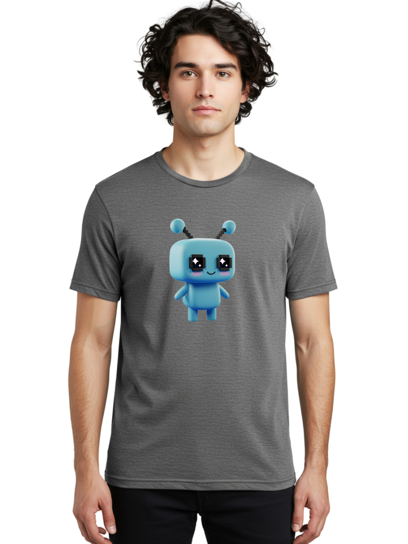 Blue-Robot Men'S Graphic Tee, 100% Cotton, Comfortable Casual Summer Wear, Machine Washable, Cartoon Robot, Digital Illustration, Blue Robot, Futuristic Character, Shiny Eyes, Friendly Demeanor, Cute Robot Design, Artificial Intelligence, Bab688