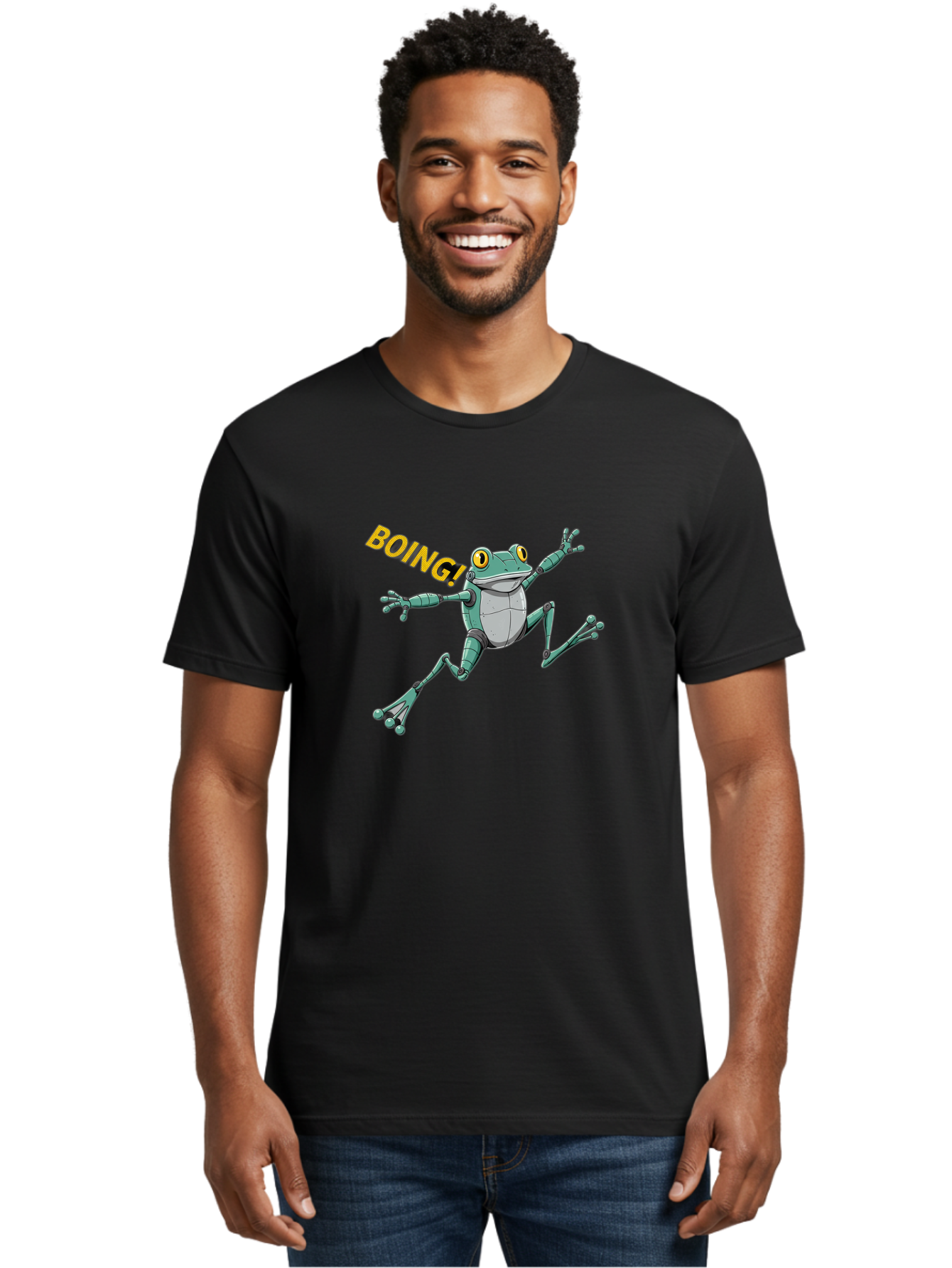 Boing-Frog-3 Men'S Graphic Tee, 100% Cotton, Comfortable Casual Summer Wear, Machine Washable, Cartoon Frog, Funny Animal, Playful Amphibian, Yellow Eyes, Jumping Motion, Comic Effect, Boing Text, Playful Vibe, Cartoon Character, Bab691