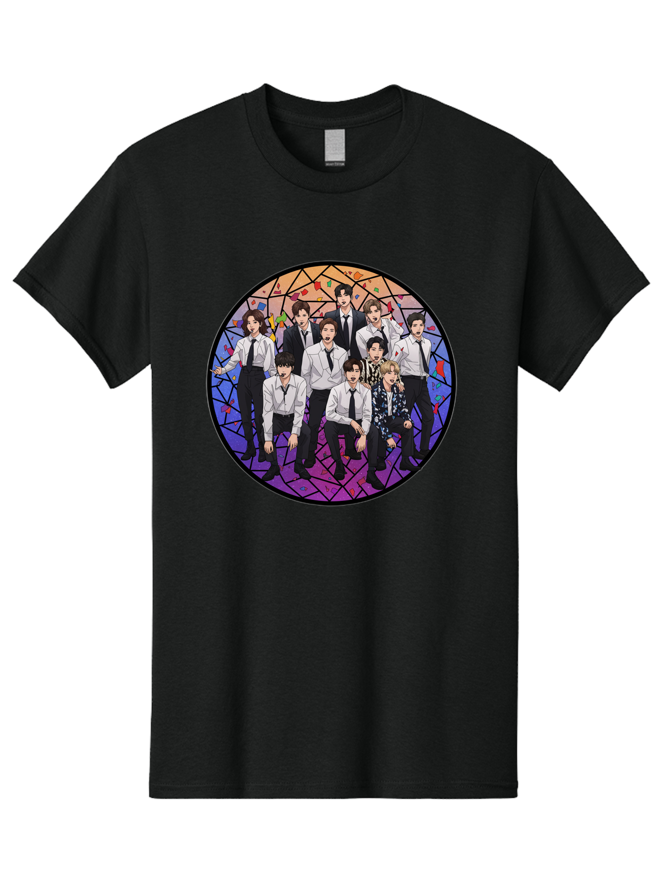 Bts-Group-Portrait Men'S Graphic Tee, 100% Cotton, Comfortable Casual Summer Wear, Machine Washable, K-Pop Group, Bts Members, Stained Glass Art, Formal Attire, White Shirts, Black Ties, K-Pop Fashion, Group Portrait, Colorful Background, Bab697