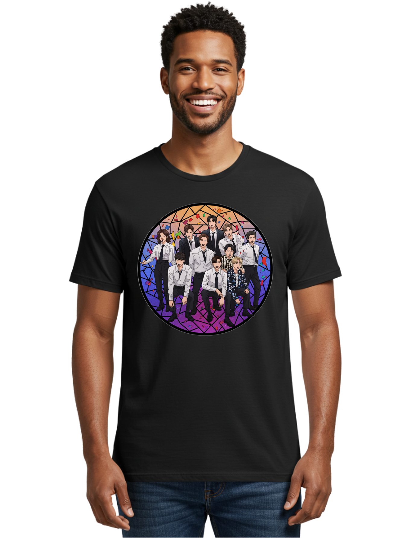 Bts-Group-Portrait Men'S Graphic Tee, 100% Cotton, Comfortable Casual Summer Wear, Machine Washable, K-Pop Group, Bts Members, Stained Glass Art, Formal Attire, White Shirts, Black Ties, K-Pop Fashion, Group Portrait, Colorful Background, Bab697