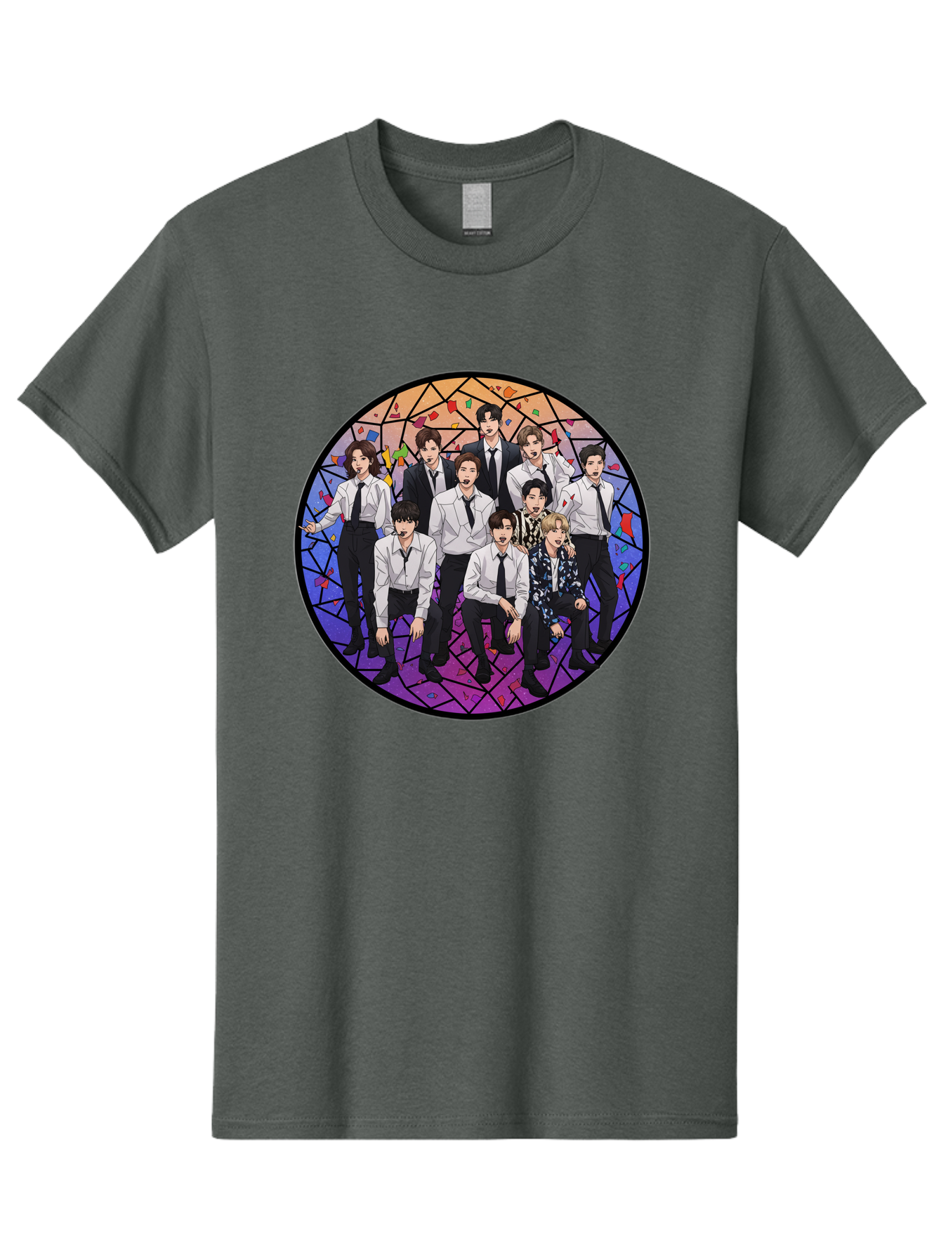 Bts-Group-Portrait Men'S Graphic Tee, 100% Cotton, Comfortable Casual Summer Wear, Machine Washable, K-Pop Group, Bts Members, Stained Glass Art, Formal Attire, White Shirts, Black Ties, K-Pop Fashion, Group Portrait, Colorful Background, Bab697