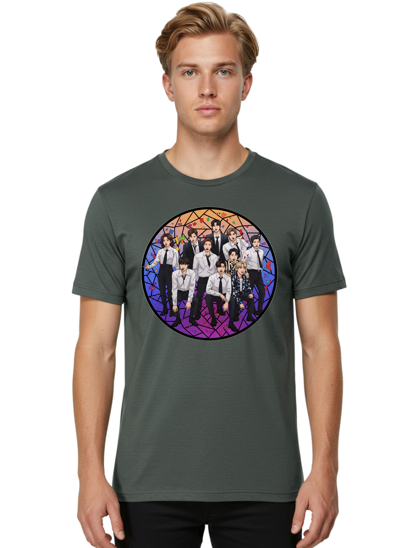 Bts-Group-Portrait Men'S Graphic Tee, 100% Cotton, Comfortable Casual Summer Wear, Machine Washable, K-Pop Group, Bts Members, Stained Glass Art, Formal Attire, White Shirts, Black Ties, K-Pop Fashion, Group Portrait, Colorful Background, Bab697