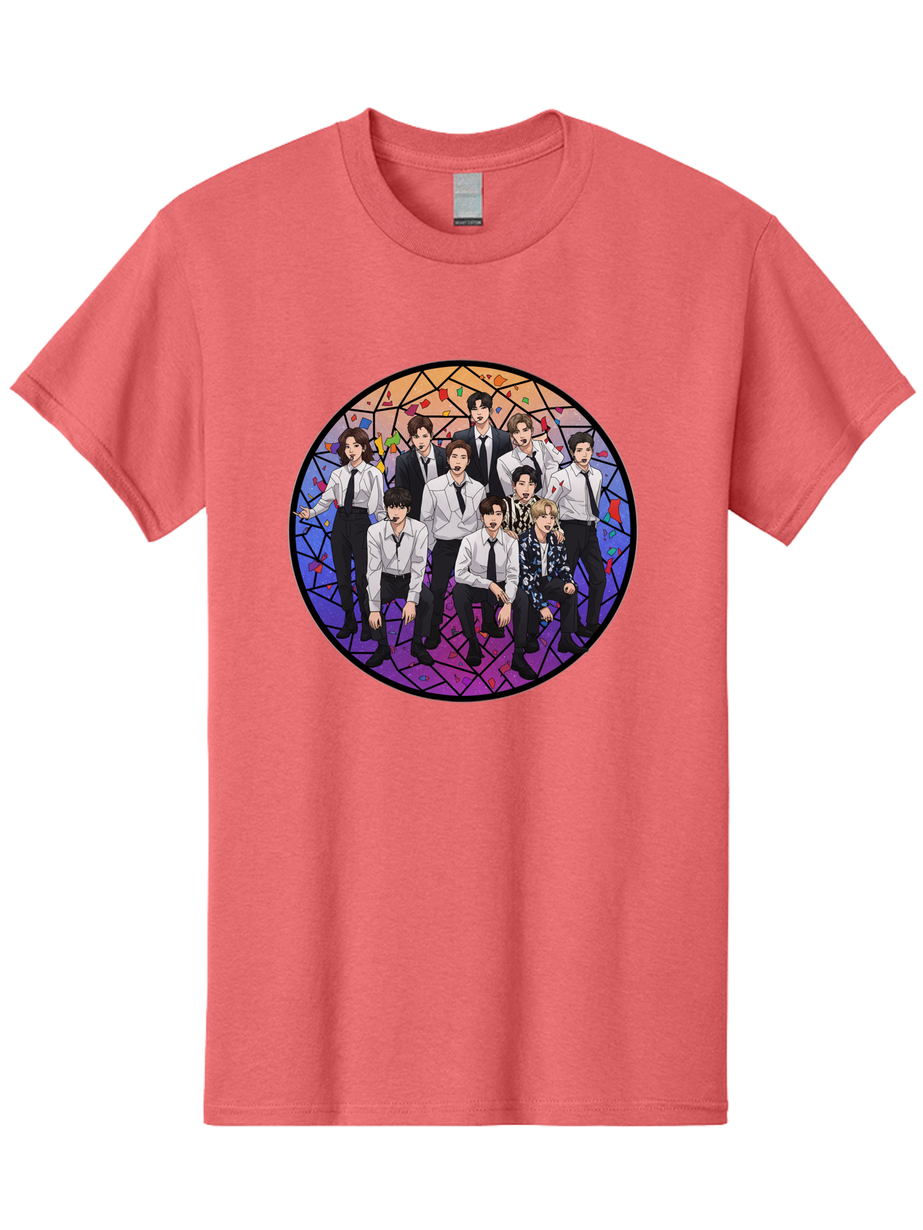 Bts-Group-Portrait Men'S Graphic Tee, 100% Cotton, Comfortable Casual Summer Wear, Machine Washable, K-Pop Group, Bts Members, Stained Glass Art, Formal Attire, White Shirts, Black Ties, K-Pop Fashion, Group Portrait, Colorful Background, Bab697