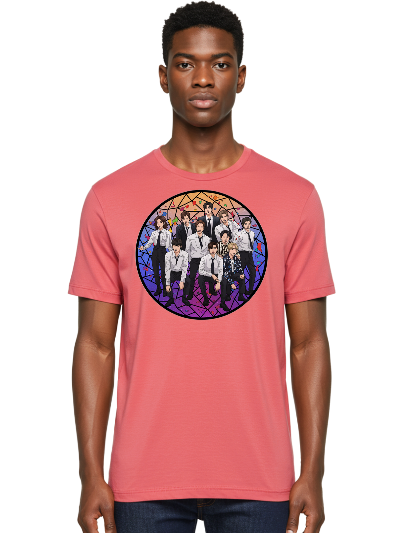 Bts-Group-Portrait Men'S Graphic Tee, 100% Cotton, Comfortable Casual Summer Wear, Machine Washable, K-Pop Group, Bts Members, Stained Glass Art, Formal Attire, White Shirts, Black Ties, K-Pop Fashion, Group Portrait, Colorful Background, Bab697