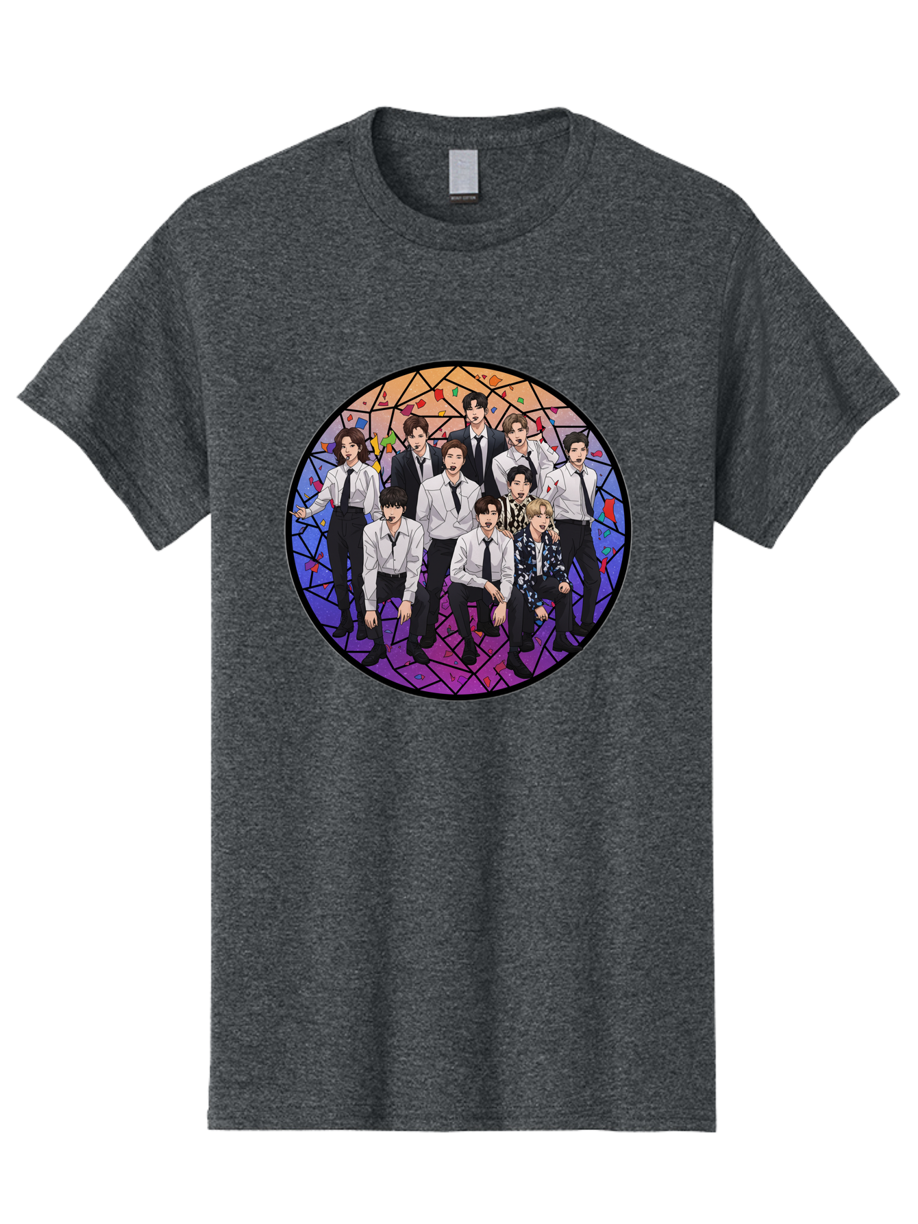 Bts-Group-Portrait Men'S Graphic Tee, 100% Cotton, Comfortable Casual Summer Wear, Machine Washable, K-Pop Group, Bts Members, Stained Glass Art, Formal Attire, White Shirts, Black Ties, K-Pop Fashion, Group Portrait, Colorful Background, Bab697