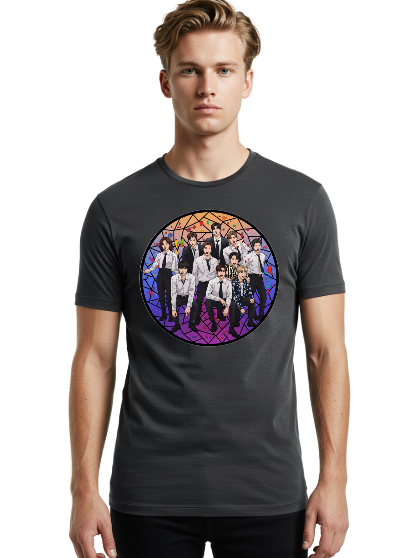 Bts-Group-Portrait Men'S Graphic Tee, 100% Cotton, Comfortable Casual Summer Wear, Machine Washable, K-Pop Group, Bts Members, Stained Glass Art, Formal Attire, White Shirts, Black Ties, K-Pop Fashion, Group Portrait, Colorful Background, Bab697