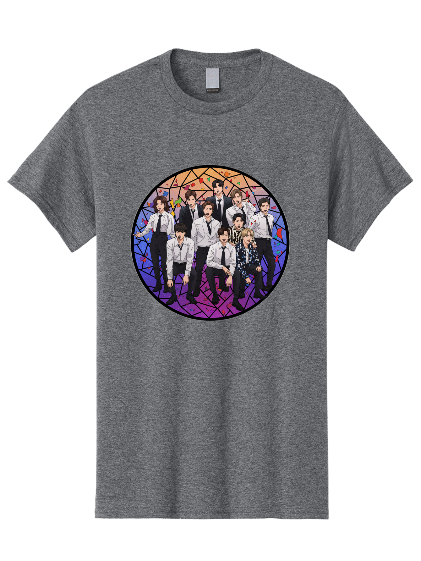 Bts-Group-Portrait Men'S Graphic Tee, 100% Cotton, Comfortable Casual Summer Wear, Machine Washable, K-Pop Group, Bts Members, Stained Glass Art, Formal Attire, White Shirts, Black Ties, K-Pop Fashion, Group Portrait, Colorful Background, Bab697