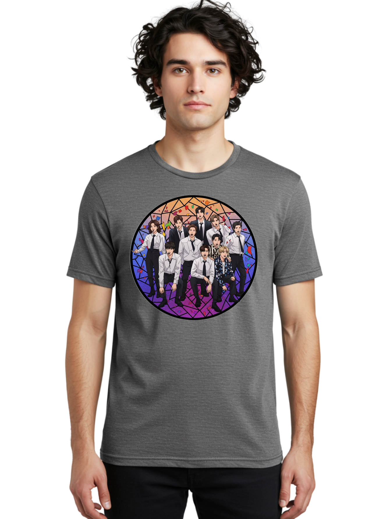 Bts-Group-Portrait Men'S Graphic Tee, 100% Cotton, Comfortable Casual Summer Wear, Machine Washable, K-Pop Group, Bts Members, Stained Glass Art, Formal Attire, White Shirts, Black Ties, K-Pop Fashion, Group Portrait, Colorful Background, Bab697