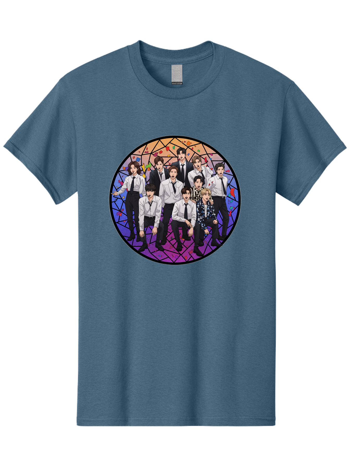 Bts-Group-Portrait Men'S Graphic Tee, 100% Cotton, Comfortable Casual Summer Wear, Machine Washable, K-Pop Group, Bts Members, Stained Glass Art, Formal Attire, White Shirts, Black Ties, K-Pop Fashion, Group Portrait, Colorful Background, Bab697