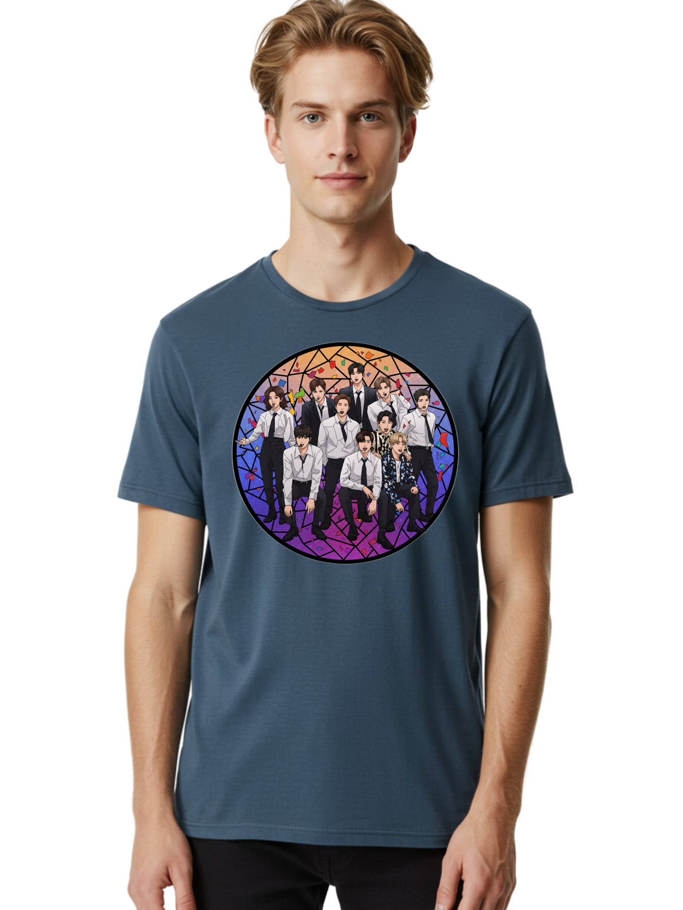 Bts-Group-Portrait Men'S Graphic Tee, 100% Cotton, Comfortable Casual Summer Wear, Machine Washable, K-Pop Group, Bts Members, Stained Glass Art, Formal Attire, White Shirts, Black Ties, K-Pop Fashion, Group Portrait, Colorful Background, Bab697