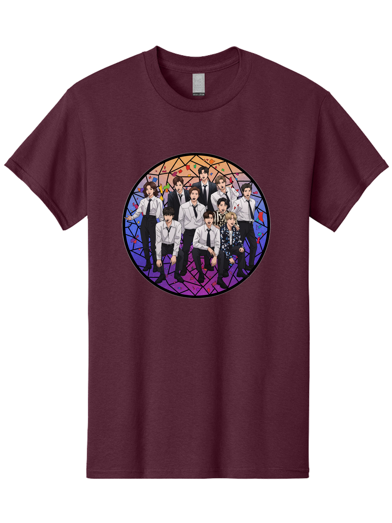 Bts-Group-Portrait Men'S Graphic Tee, 100% Cotton, Comfortable Casual Summer Wear, Machine Washable, K-Pop Group, Bts Members, Stained Glass Art, Formal Attire, White Shirts, Black Ties, K-Pop Fashion, Group Portrait, Colorful Background, Bab697