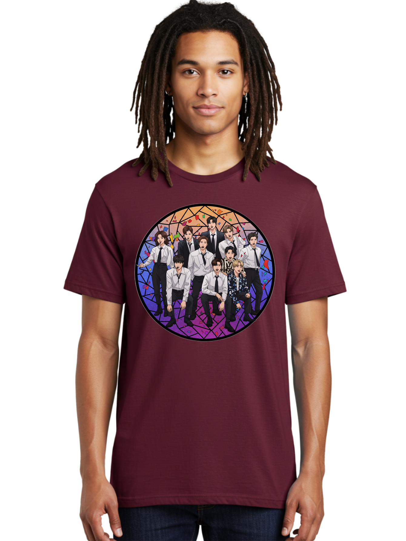 Bts-Group-Portrait Men'S Graphic Tee, 100% Cotton, Comfortable Casual Summer Wear, Machine Washable, K-Pop Group, Bts Members, Stained Glass Art, Formal Attire, White Shirts, Black Ties, K-Pop Fashion, Group Portrait, Colorful Background, Bab697