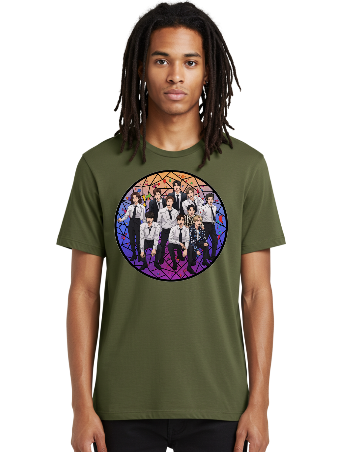 Bts-Group-Portrait Men'S Graphic Tee, 100% Cotton, Comfortable Casual Summer Wear, Machine Washable, K-Pop Group, Bts Members, Stained Glass Art, Formal Attire, White Shirts, Black Ties, K-Pop Fashion, Group Portrait, Colorful Background, Bab697