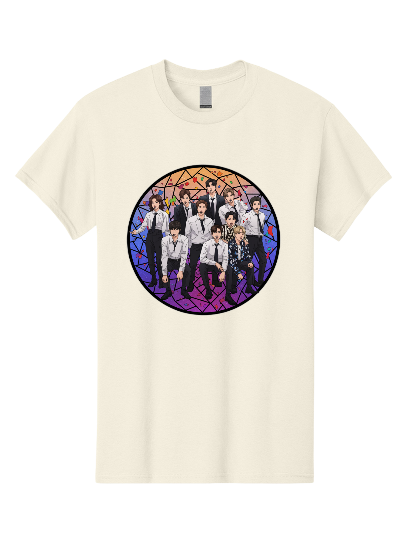 Bts-Group-Portrait Men'S Graphic Tee, 100% Cotton, Comfortable Casual Summer Wear, Machine Washable, K-Pop Group, Bts Members, Stained Glass Art, Formal Attire, White Shirts, Black Ties, K-Pop Fashion, Group Portrait, Colorful Background, Bab697