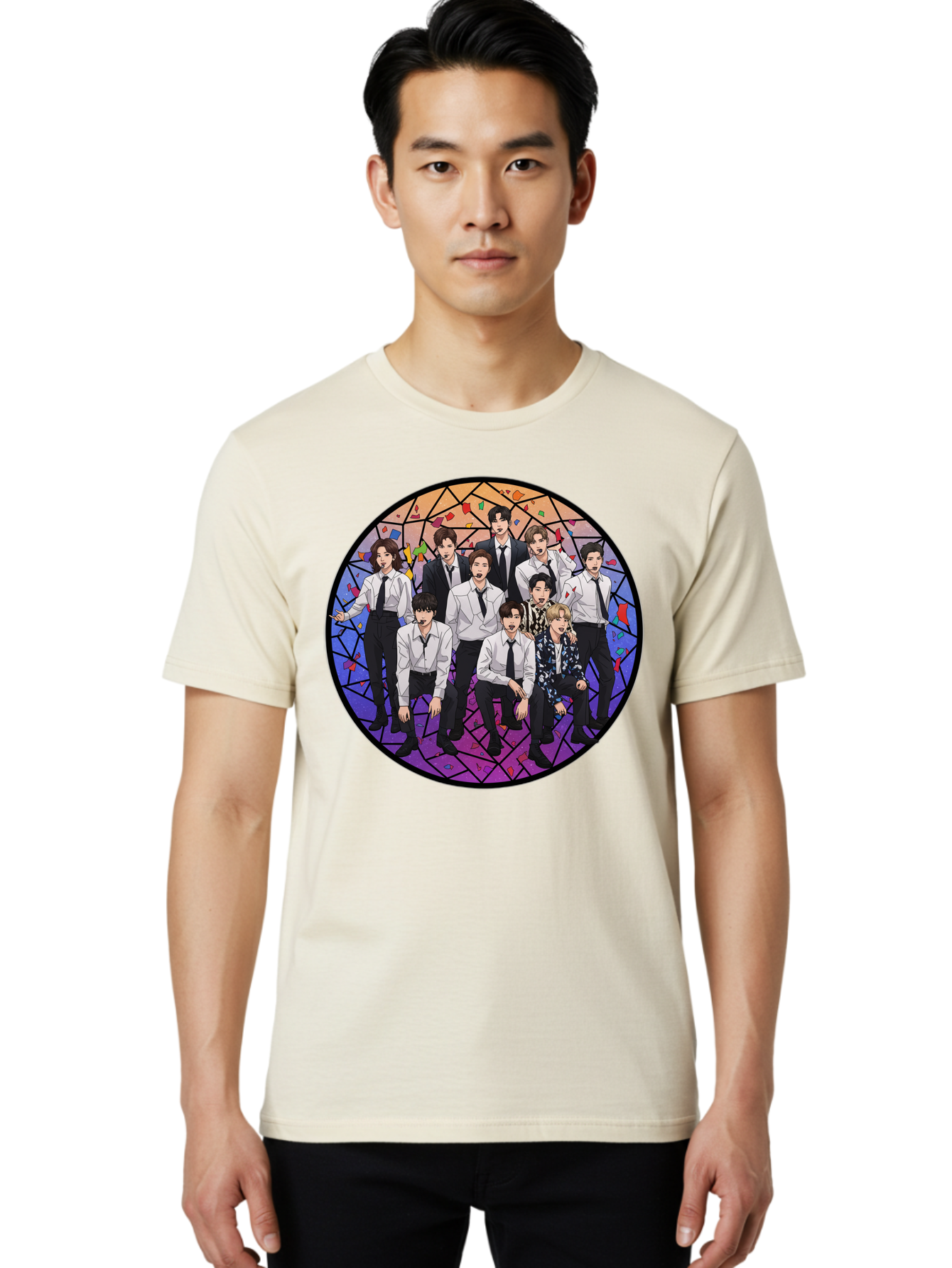 Bts-Group-Portrait Men'S Graphic Tee, 100% Cotton, Comfortable Casual Summer Wear, Machine Washable, K-Pop Group, Bts Members, Stained Glass Art, Formal Attire, White Shirts, Black Ties, K-Pop Fashion, Group Portrait, Colorful Background, Bab697