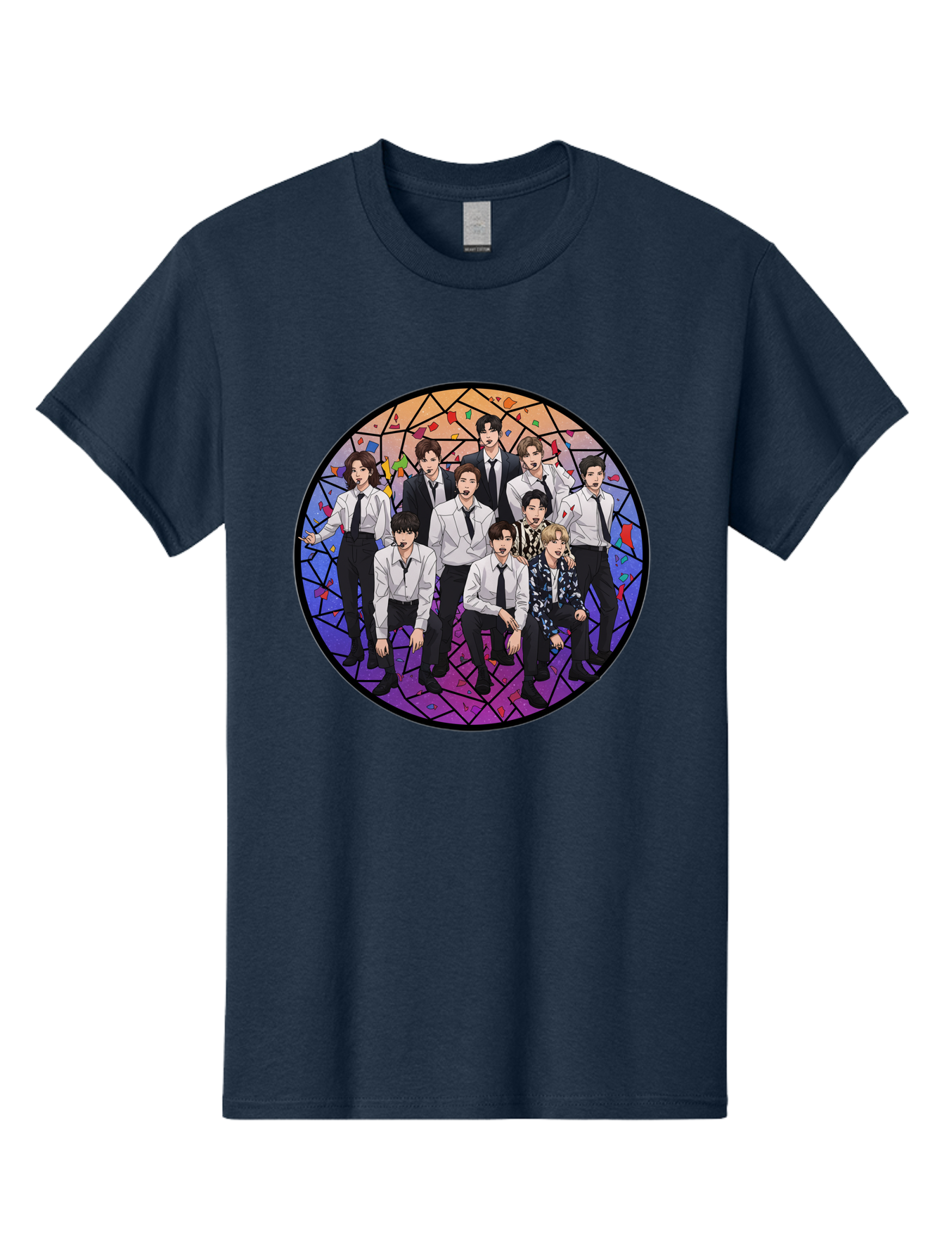 Bts-Group-Portrait Men'S Graphic Tee, 100% Cotton, Comfortable Casual Summer Wear, Machine Washable, K-Pop Group, Bts Members, Stained Glass Art, Formal Attire, White Shirts, Black Ties, K-Pop Fashion, Group Portrait, Colorful Background, Bab697