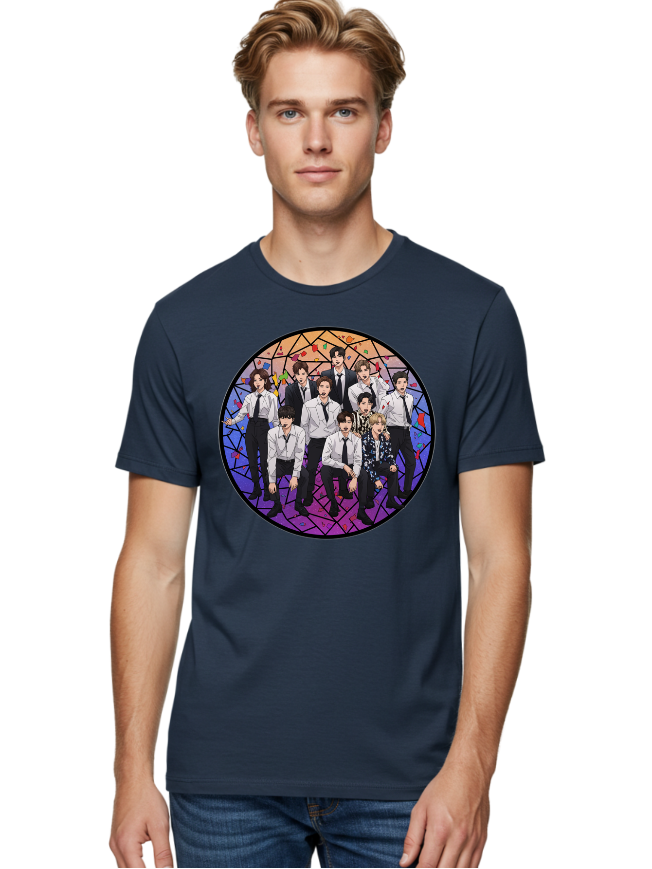 Bts-Group-Portrait Men'S Graphic Tee, 100% Cotton, Comfortable Casual Summer Wear, Machine Washable, K-Pop Group, Bts Members, Stained Glass Art, Formal Attire, White Shirts, Black Ties, K-Pop Fashion, Group Portrait, Colorful Background, Bab697