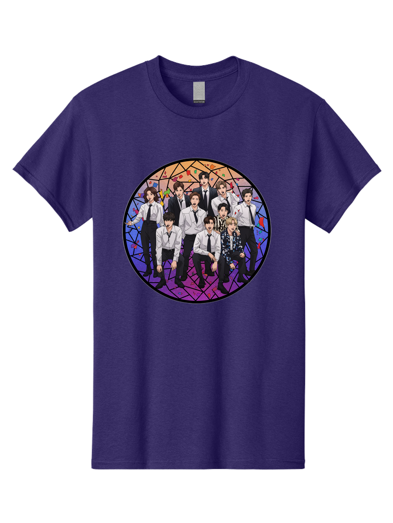 Bts-Group-Portrait Men'S Graphic Tee, 100% Cotton, Comfortable Casual Summer Wear, Machine Washable, K-Pop Group, Bts Members, Stained Glass Art, Formal Attire, White Shirts, Black Ties, K-Pop Fashion, Group Portrait, Colorful Background, Bab697