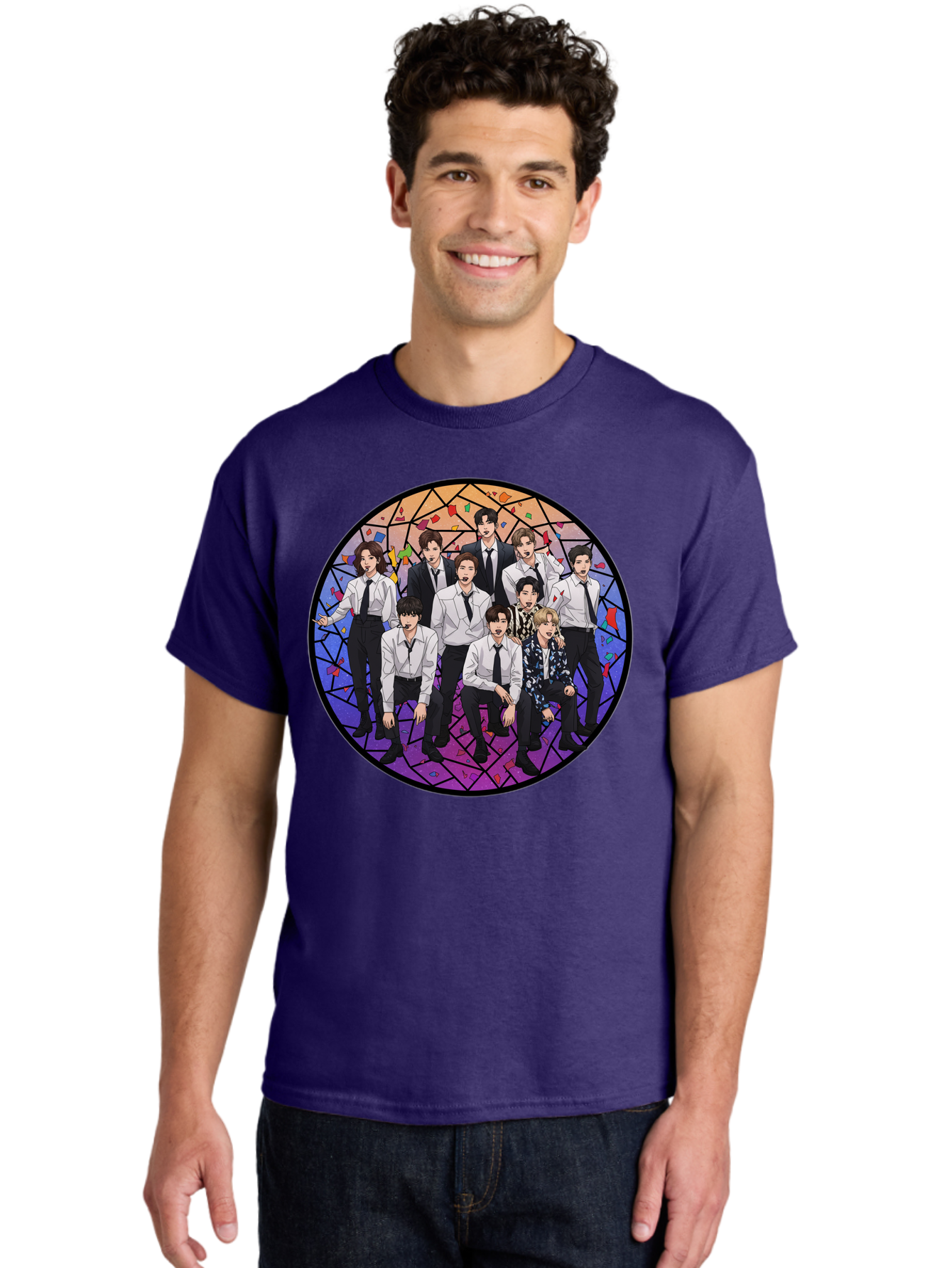 Bts-Group-Portrait Men'S Graphic Tee, 100% Cotton, Comfortable Casual Summer Wear, Machine Washable, K-Pop Group, Bts Members, Stained Glass Art, Formal Attire, White Shirts, Black Ties, K-Pop Fashion, Group Portrait, Colorful Background, Bab697