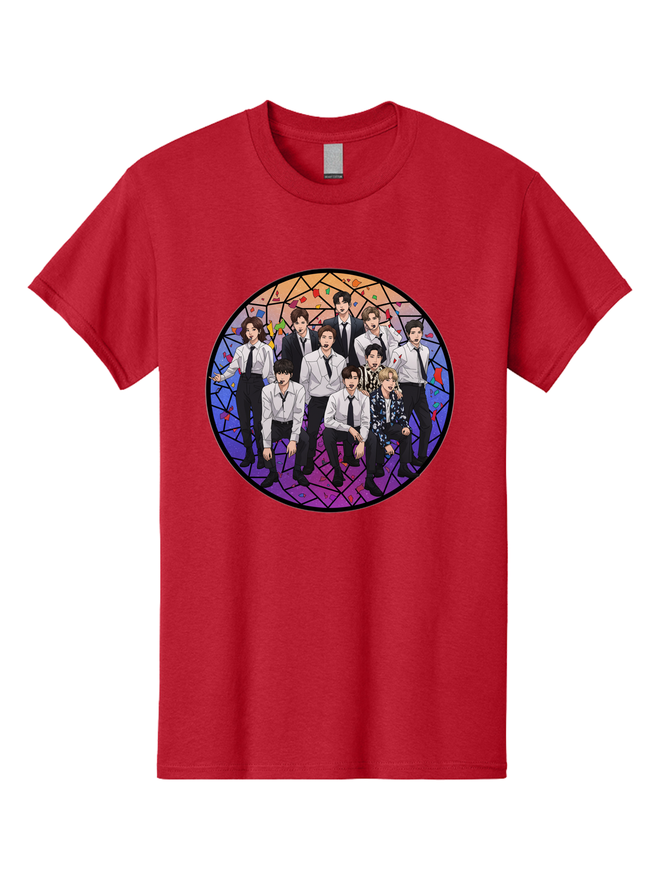 Bts-Group-Portrait Men'S Graphic Tee, 100% Cotton, Comfortable Casual Summer Wear, Machine Washable, K-Pop Group, Bts Members, Stained Glass Art, Formal Attire, White Shirts, Black Ties, K-Pop Fashion, Group Portrait, Colorful Background, Bab697