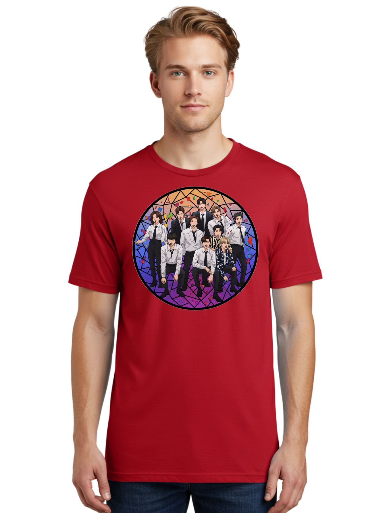 Bts-Group-Portrait Men'S Graphic Tee, 100% Cotton, Comfortable Casual Summer Wear, Machine Washable, K-Pop Group, Bts Members, Stained Glass Art, Formal Attire, White Shirts, Black Ties, K-Pop Fashion, Group Portrait, Colorful Background, Bab697