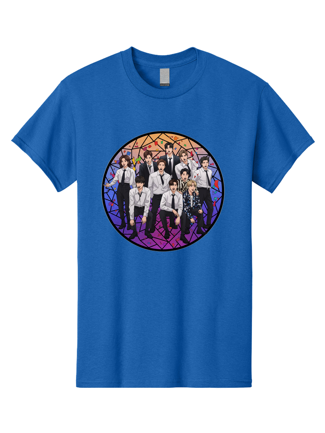 Bts-Group-Portrait Men'S Graphic Tee, 100% Cotton, Comfortable Casual Summer Wear, Machine Washable, K-Pop Group, Bts Members, Stained Glass Art, Formal Attire, White Shirts, Black Ties, K-Pop Fashion, Group Portrait, Colorful Background, Bab697