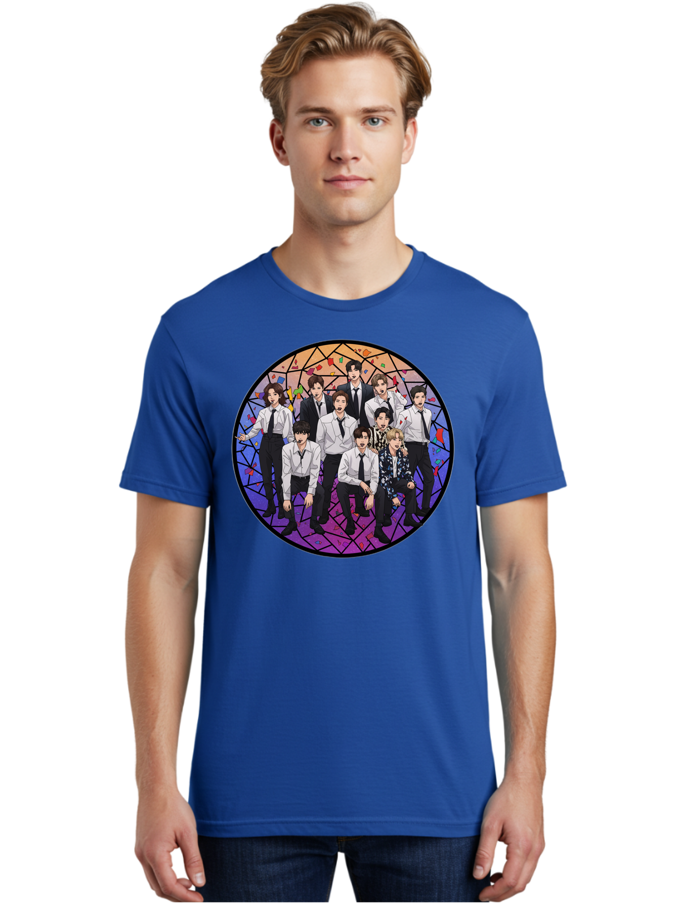 Bts-Group-Portrait Men'S Graphic Tee, 100% Cotton, Comfortable Casual Summer Wear, Machine Washable, K-Pop Group, Bts Members, Stained Glass Art, Formal Attire, White Shirts, Black Ties, K-Pop Fashion, Group Portrait, Colorful Background, Bab697