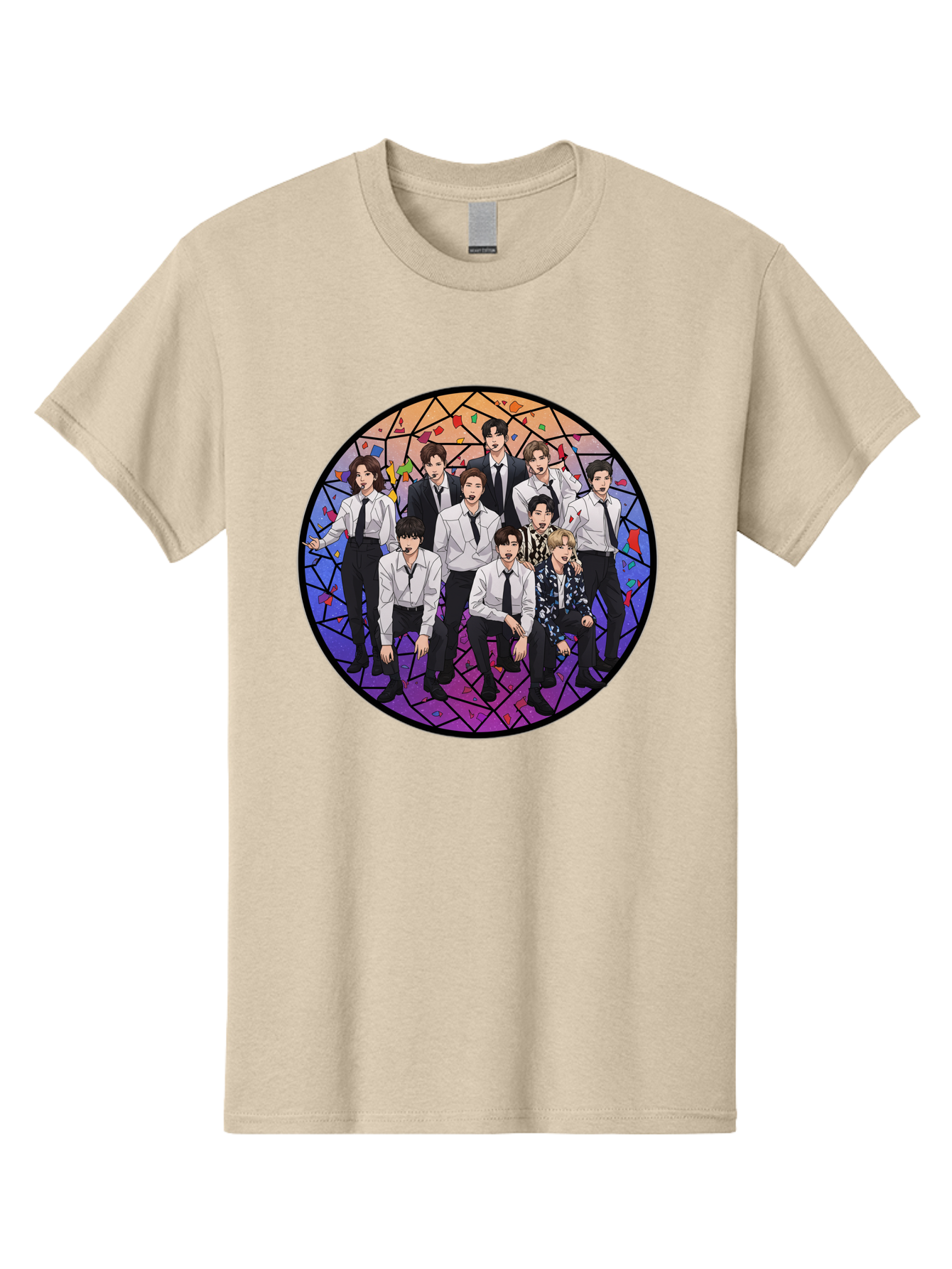 Bts-Group-Portrait Men'S Graphic Tee, 100% Cotton, Comfortable Casual Summer Wear, Machine Washable, K-Pop Group, Bts Members, Stained Glass Art, Formal Attire, White Shirts, Black Ties, K-Pop Fashion, Group Portrait, Colorful Background, Bab697