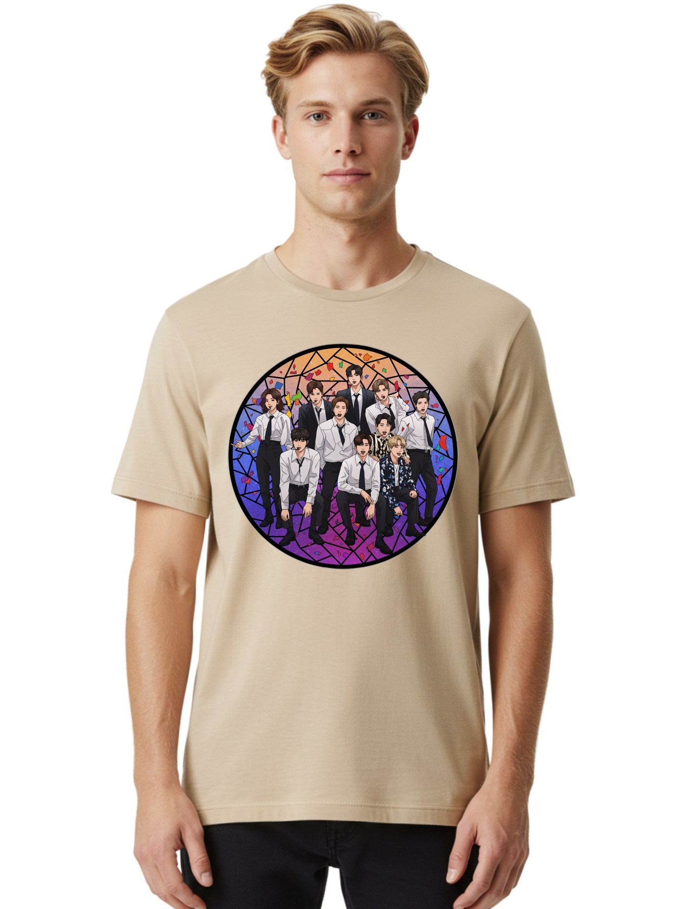 Bts-Group-Portrait Men'S Graphic Tee, 100% Cotton, Comfortable Casual Summer Wear, Machine Washable, K-Pop Group, Bts Members, Stained Glass Art, Formal Attire, White Shirts, Black Ties, K-Pop Fashion, Group Portrait, Colorful Background, Bab697
